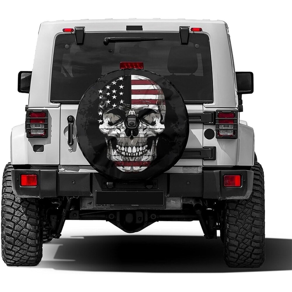 Foruidea Skull American Flag Spare Tire Cover with Backup Camera Hole Wheel Tire